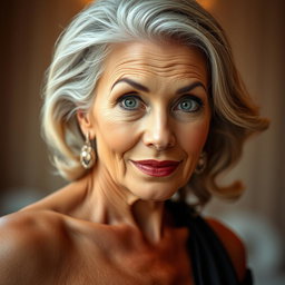 A stunning 60-year-old woman with an expression of surprise, positioned front-facing and looking directly at the camera