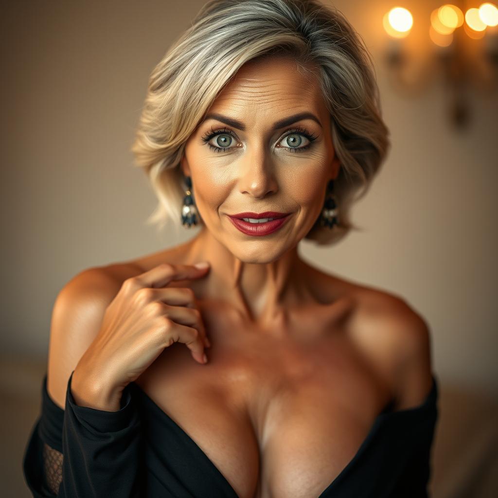 A stunning 60-year-old woman with an expression of surprise, positioned front-facing and looking directly at the camera