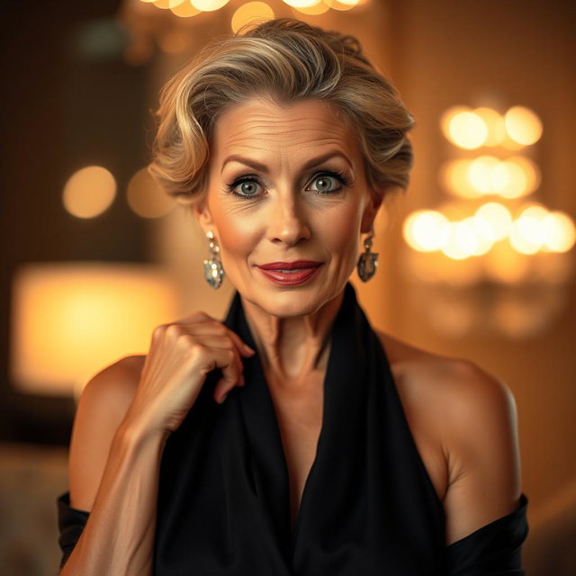 A stunning 60-year-old woman with an expression of surprise, positioned front-facing and looking directly at the camera