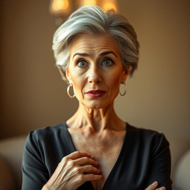 A stunning 60-year-old woman with a surprised expression, positioned front-facing and looking directly at the camera