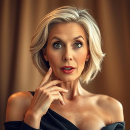 A stunning 60-year-old woman with a surprised expression, positioned front-facing and looking directly at the camera