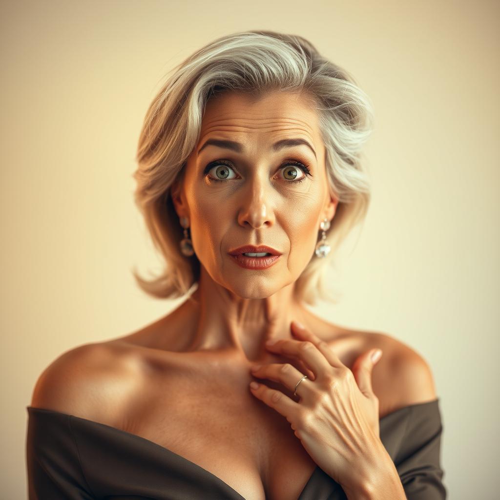 A stunning 60-year-old woman with a surprised expression, positioned front-facing and looking directly at the camera