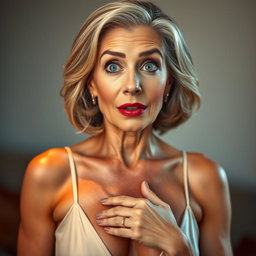 A stunning 60-year-old woman with a surprised expression, positioned front-facing and looking directly at the camera