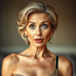 A beautiful 60-year-old woman with a surprised expression, facing front and looking directly at the camera