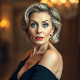 A beautiful 60-year-old woman with a surprised expression, facing front and looking directly at the camera