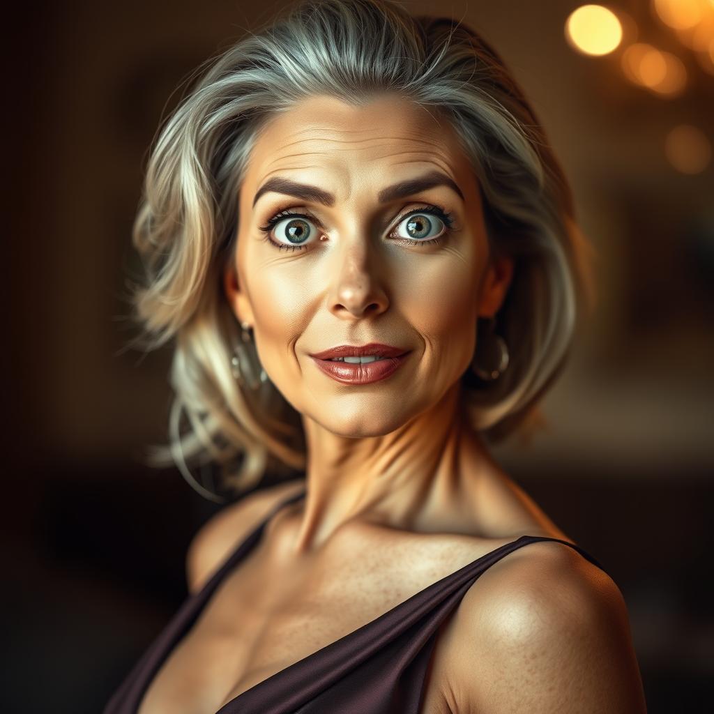 A beautiful 60-year-old woman with a surprised expression, facing front and looking directly at the camera