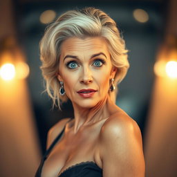 A beautiful 60-year-old woman with a surprised expression, facing front and looking directly at the camera