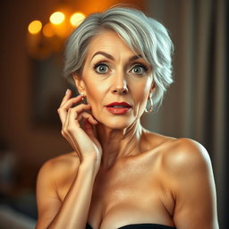 A beautiful 60-year-old woman with a surprised expression, directly facing the camera with an engaging gaze