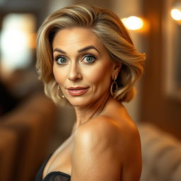 A beautiful 60-year-old woman with a surprised expression, directly facing the camera with an engaging gaze