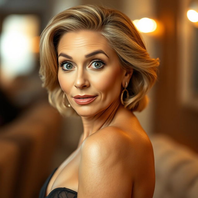 A beautiful 60-year-old woman with a surprised expression, directly facing the camera with an engaging gaze