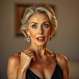 A beautiful 60-year-old woman with a surprised expression, directly facing the camera with an engaging gaze