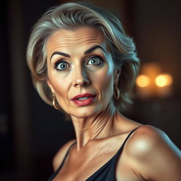 A beautiful 60-year-old woman with a surprised expression, directly facing the camera with an engaging gaze