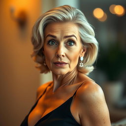A beautiful 60-year-old woman with a surprised expression, facing directly towards the camera with an engaging gaze
