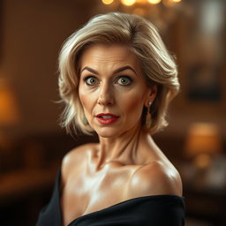 A beautiful 60-year-old woman with a surprised expression, facing directly towards the camera with an engaging gaze