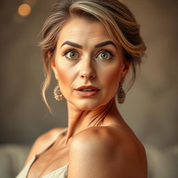 A beautiful 60-year-old woman with a surprised expression, facing directly towards the camera with an engaging gaze