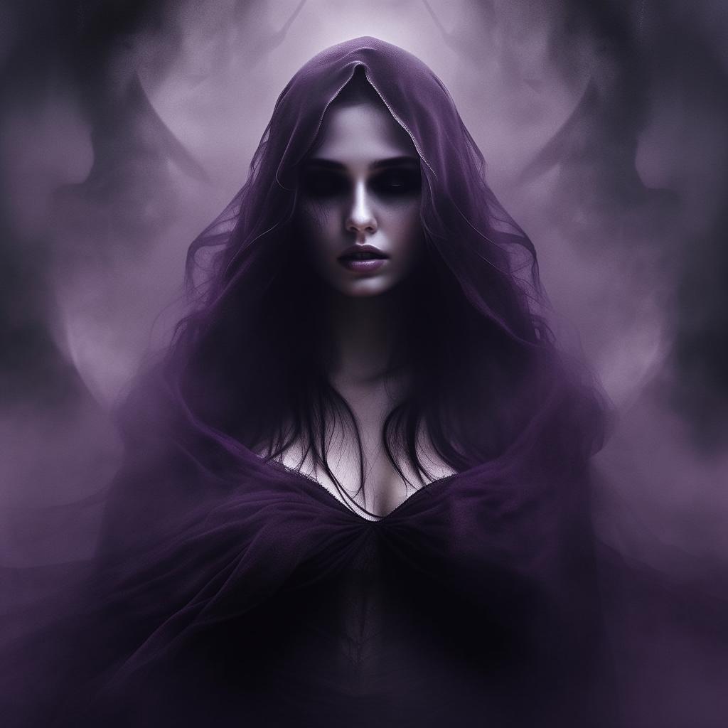 An album cover featuring a mysterious and beautiful ghost woman, portrayed in a gothic style. She's ethereal, shrouded in shades of black and purple with a hauntingly beautiful aura.