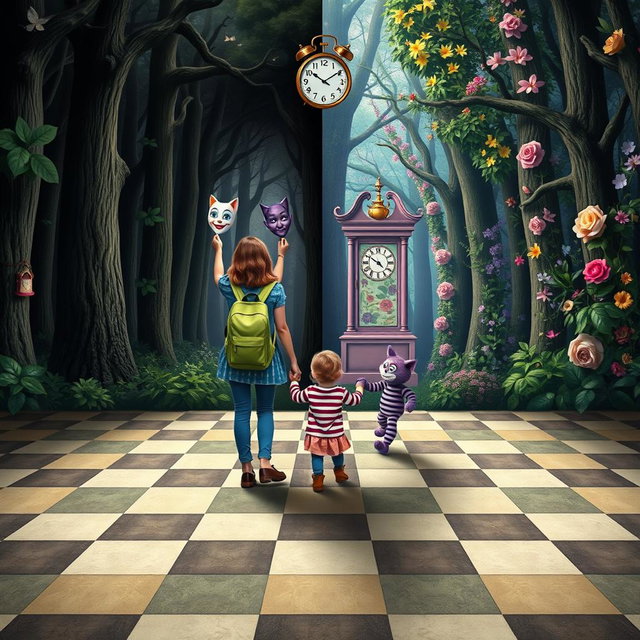 An enchanted forest illustrating two contrasting poles: one side featuring a dark, sad, and gloomy forest, while the other side depicts a colorful, floral, and joyful forest