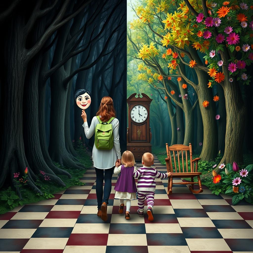 An enchanted forest illustrating two contrasting poles: one side featuring a dark, sad, and gloomy forest, while the other side depicts a colorful, floral, and joyful forest