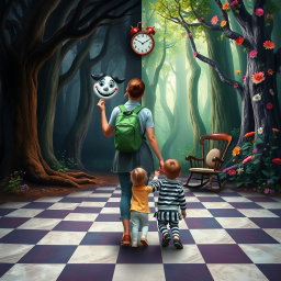 An enchanted forest illustrating two contrasting poles: one side featuring a dark, sad, and gloomy forest, while the other side depicts a colorful, floral, and joyful forest