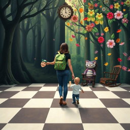 An enchanted forest illustrating two contrasting poles: one side featuring a dark, sad, and gloomy forest, while the other side depicts a colorful, floral, and joyful forest