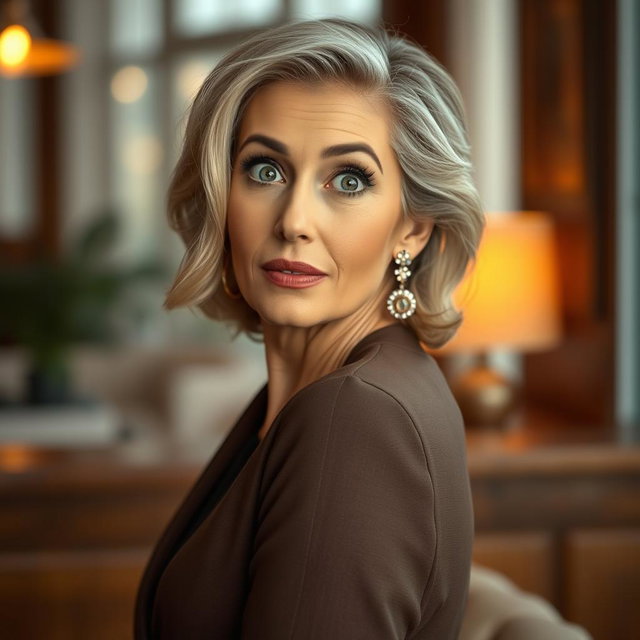 A beautiful 60-year-old woman with a surprised expression, directly facing the camera and looking engagingly at it