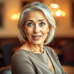 A beautiful 60-year-old woman with a surprised expression, directly facing the camera and looking engagingly at it