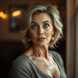 A beautiful 60-year-old woman with a surprised expression, directly facing the camera and looking engagingly at it