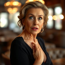 A beautiful 60-year-old woman with a surprised expression, directly facing the camera and looking engagingly at it