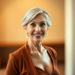 A beautiful 60-year-old woman with a surprised expression, gazing directly at the camera with an engaging and inviting look