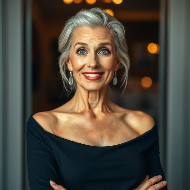 A beautiful 60-year-old woman with a surprised expression, gazing directly at the camera with an engaging and inviting look