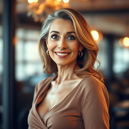 A beautiful 60-year-old woman with a surprised expression, gazing directly at the camera with an engaging and inviting look