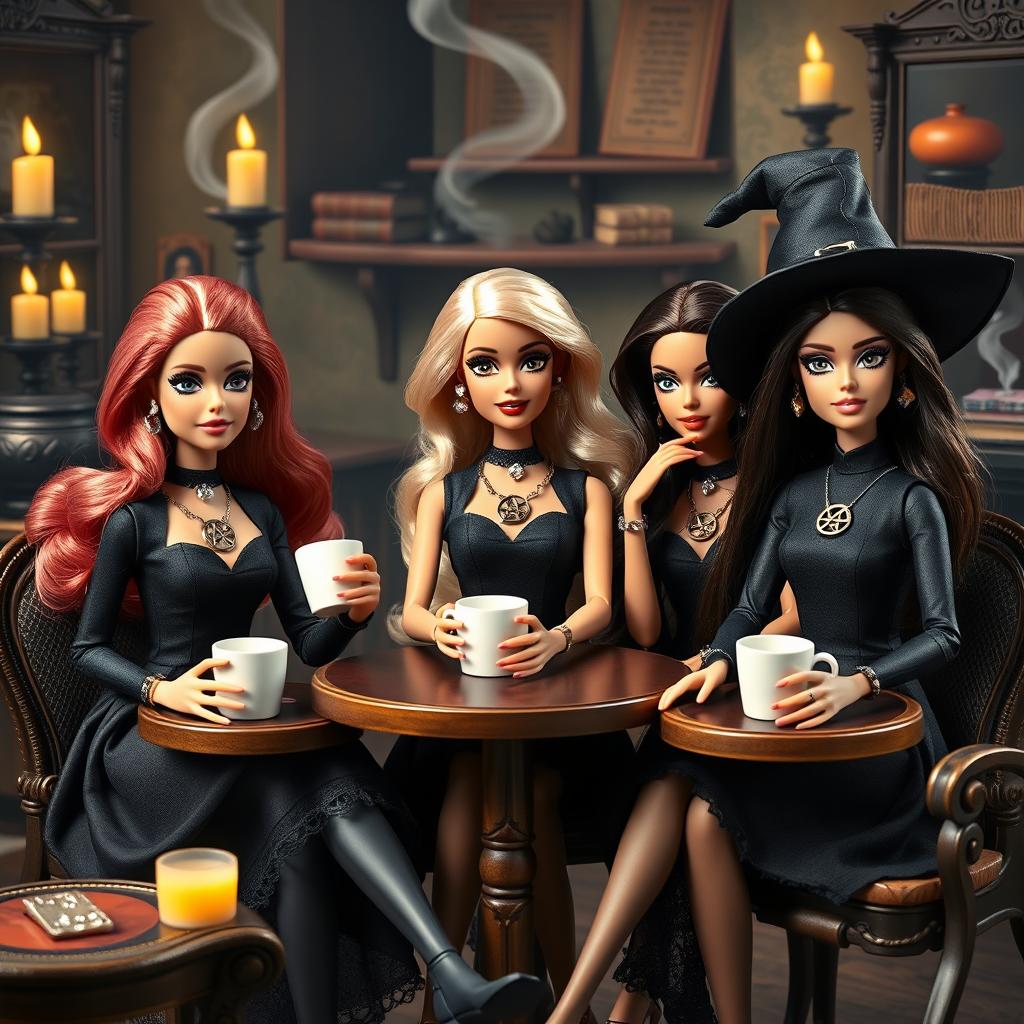 Three Barbie dolls of different hair styles and skin tones sitting in a magical salon while drinking coffee