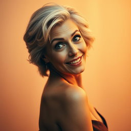 A stunning 60-year-old woman with a surprised expression, directly facing the camera and looking engagingly at it