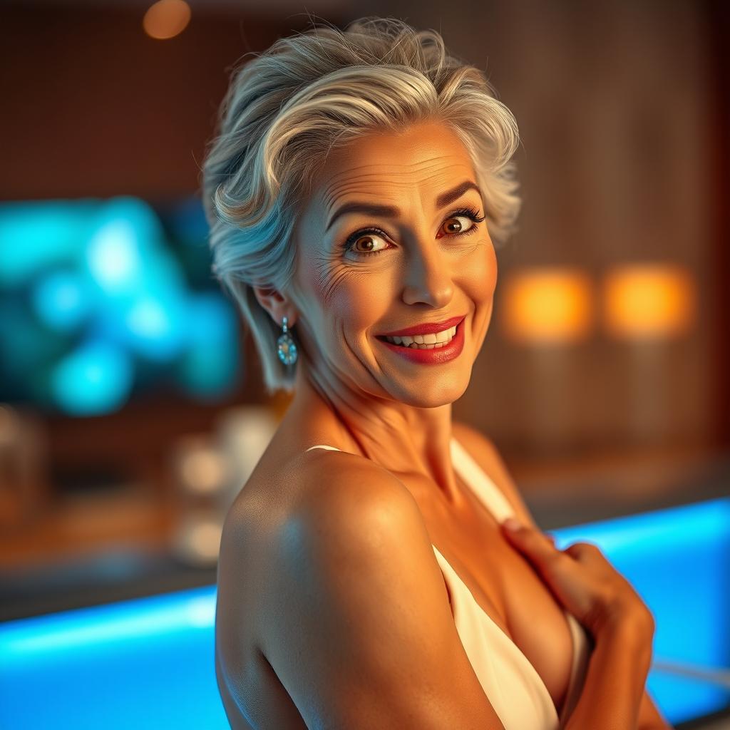 A stunning 60-year-old woman with a surprised expression, directly facing the camera and looking engagingly at it