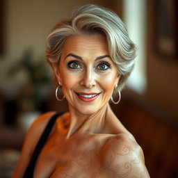 A stunning 60-year-old woman with a surprised expression, directly facing the camera and looking engagingly at it