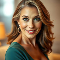 A stunning 60-year-old woman with a surprised expression, directly facing the camera and looking engagingly at it