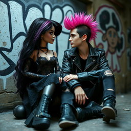 A modern gothic Barbie with dark, stylish attire, including a black lace dress and chunky platform boots