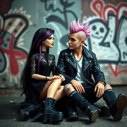 A modern gothic Barbie with dark, stylish attire, including a black lace dress and chunky platform boots