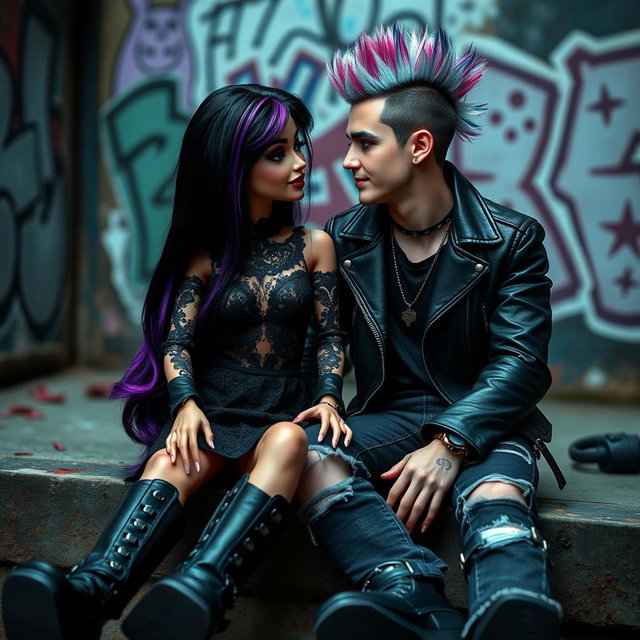 A modern gothic Barbie with dark, stylish attire, including a black lace dress and chunky platform boots