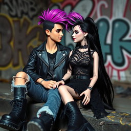 A modern gothic Barbie with dark, stylish attire, including a black lace dress and chunky platform boots