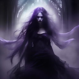 An album cover featuring a mysterious and beautiful ghost woman, portrayed in a gothic style. She's ethereal, shrouded in shades of black and purple with a hauntingly beautiful aura.