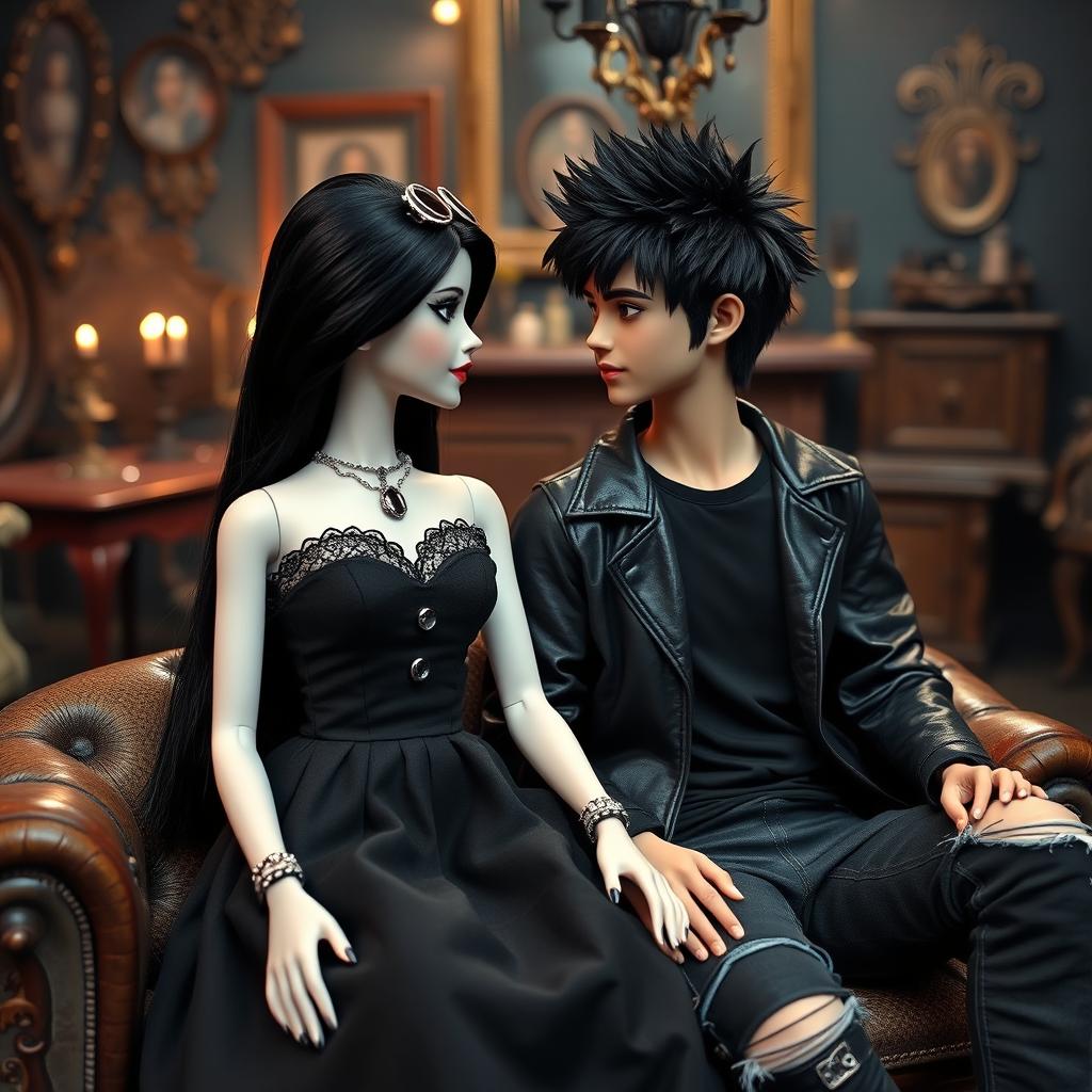 A gothic Barbie and her male best friend are sitting together, gazing into each other's eyes