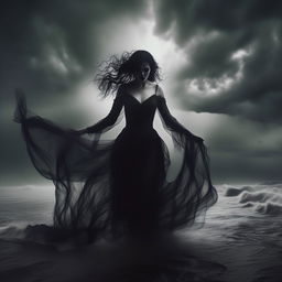 An album cover showing a dramatically mysterious and beautiful ghost woman, in gothic style. She's amidst a tempestuous dark storm, with her dreadfully enchanting aura captivating the scene.