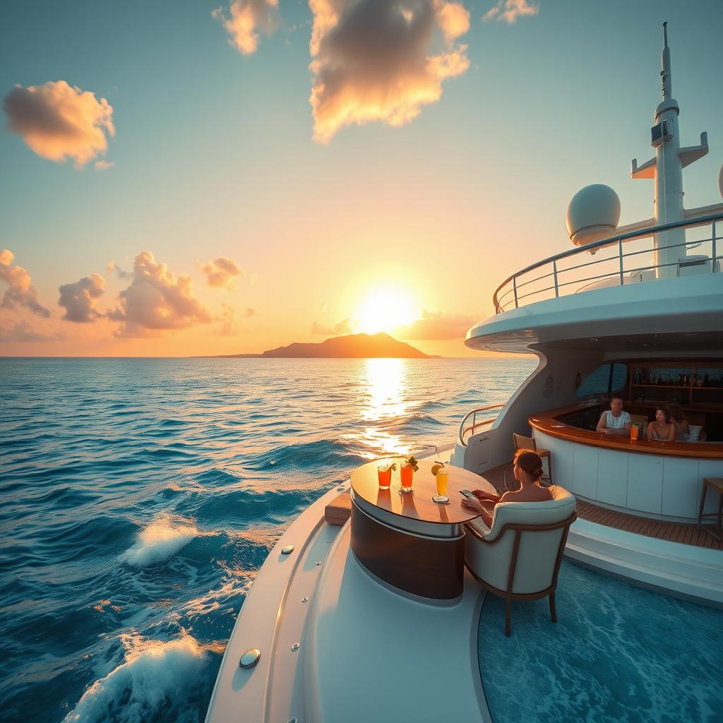 A luxurious private yacht sailing through crystal clear turquoise waters under a radiant sunset, featuring sunbathers lounging on elegant deck chairs, a stylish outdoor bar serving colorful cocktails, and soft, relaxed vibes with gentle waves