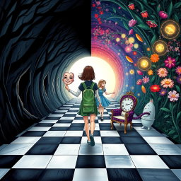 An illustrated book cover depicting an enchanted tunnel divided into two distinct sides