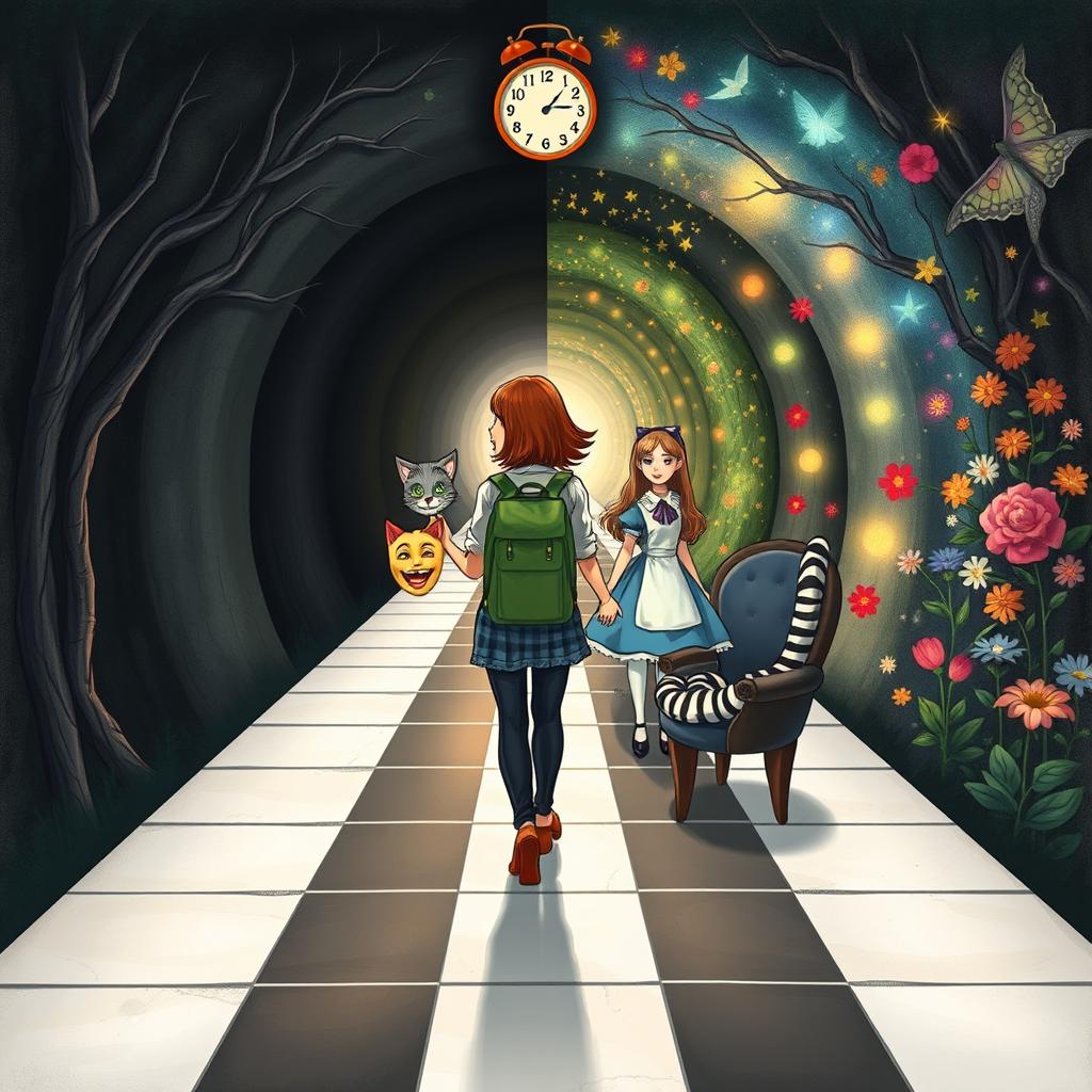 An illustrated book cover depicting an enchanted tunnel divided into two distinct sides