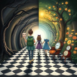 An illustrated book cover depicting an enchanted tunnel divided into two distinct sides