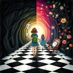 An illustrated book cover depicting an enchanted tunnel divided into two distinct sides