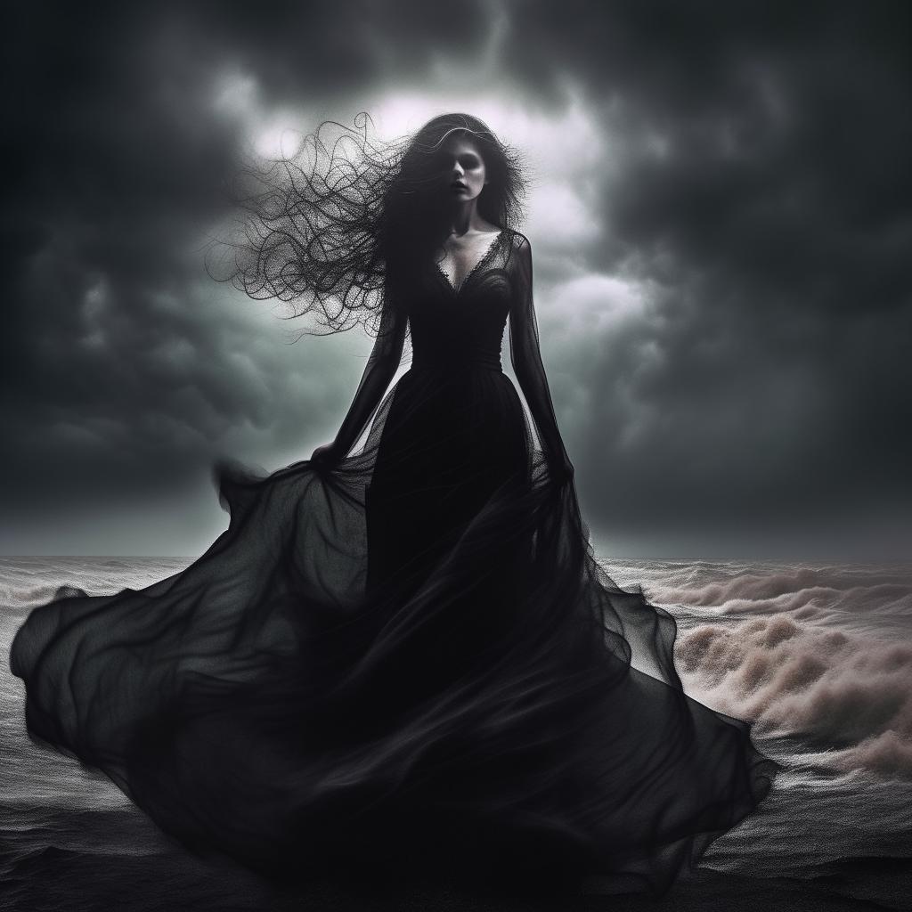 An album cover showing a dramatically mysterious and beautiful ghost woman, in gothic style. She's amidst a tempestuous dark storm, with her dreadfully enchanting aura captivating the scene.