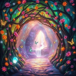 A magical enchanted tunnel, adorned with vibrant, glowing flowers and twisting vines